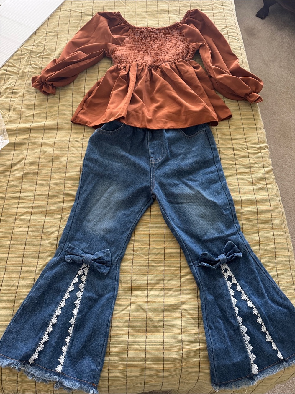 Girls Rust Smocked Peplum Top with Embellished Bell Bottom Jeans